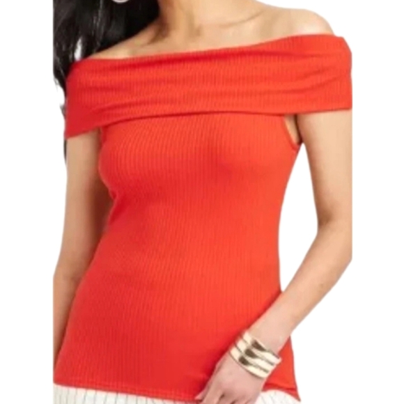 A New Day Red Soft Ribbed Off Shoulder Stretch Top - Picture 1 of 5
